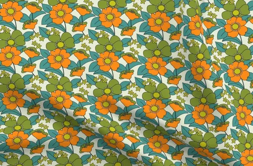 Spoonflower Tela – 70S floral naranja retro divertido hippie medio verde oliva verde azulado vintage impreso en tela de gasa cuarto gordo – costura