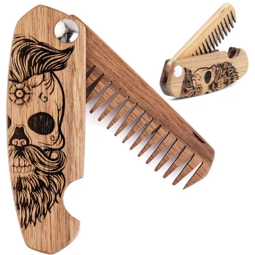 Enjoy The Wood - Peine para barba de madera para hombres, accesorios plegables de bolsillo para barba para hombres, peine de nogal grabado para