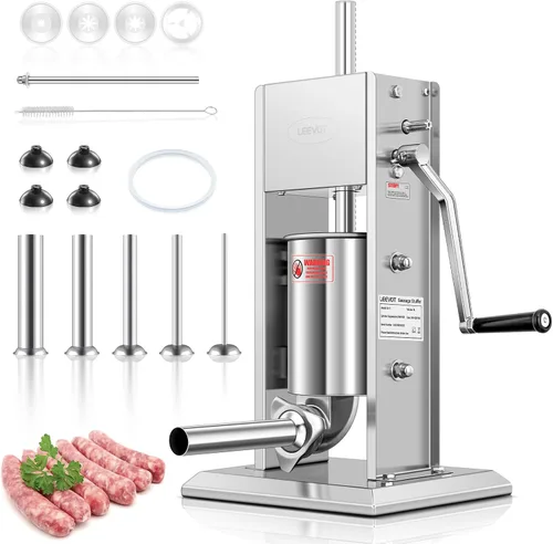 LEEVOT - Embutidor manual de 7LBS/3L, kit profesional de acero inoxidable para hacer y rellenar salchichas con 2 velocidades, 5 tubos de relleno,