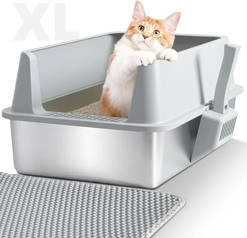 Miniatura 9 de Paquete de 2 cajas de arena para gatos de acero inoxidable con tapa, litterox extra grande para gatos grandes con lado alto, antiadherente, fácil