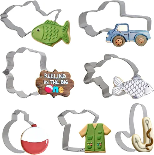 Juego de 7 piezas de cortador de galletas de pesca Gone, de acero inoxidable, camiseta deportiva Fis de bastón de caramelo, moldes de galletas para