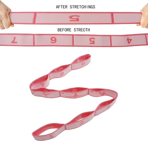Miniatura 6 de Correa elástica para estiramiento de yoga con 9 bucles, correa elástica para ballet, pierna, cuerpo, banda elástica para terapia física, danza, Rosa