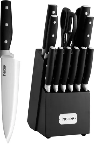 hecef Juego de cuchillos de cocina, juego de cuchillos de 14 piezas con bloque de madera y afilador de acero y tijeras multiusos, juego de cubiertos