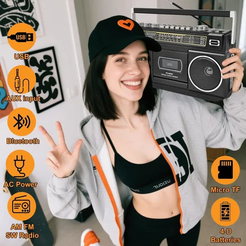 Miniatura 9 de Reproductor de casete Boombox con Bluetooth, radio AM/FM/SW y grabación a USB, sonido estéreo de 24 W, 4 modos de alimentación, estéreo retro