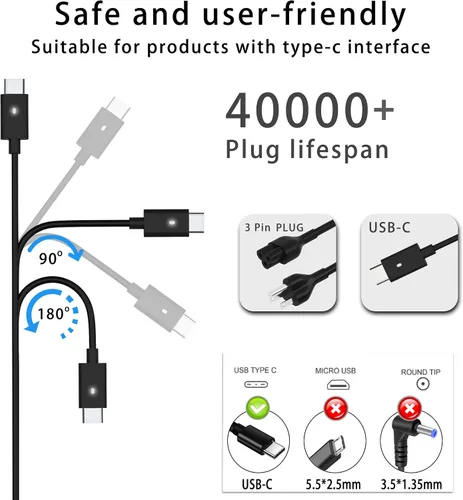 Miniatura 2 de Cargador de laptop USB C de 90 W para Dell XPS 13, Precision 3540, Latitude 3400, 3500, 5289, 5400, 5280, 5480, 5300, 2 en 1, 7400 2 en 1, 7300