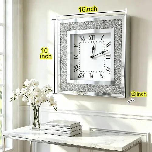 Miniatura 2 de DMDFIRST Reloj de pared cuadrado con espejo de cristal triturado de diamante con decoraciones brillantes de chispa y centella para decoración