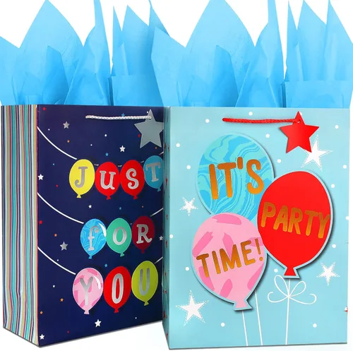 Bolsas de regalo grandes, bolsa de regalo de cumpleaños para niños, adolescentes, niños, hombres, bolsas de regalo azules con papel de seda, bolsas