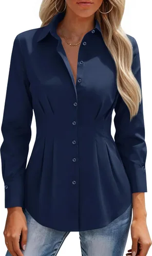 Miniatura 15 de siliteelon Camisas con botones para mujer, cintura ceñida, camisa de vestir de algodón de manga larga para negocios, casual, trabajo, oficina