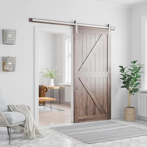 Miniatura 3 de SMARTSTANDARD Kit de herrajes para puerta de granero de níquel cepillado de 7 pies, pista deslizante resistente, suave y silenciosa, fácil