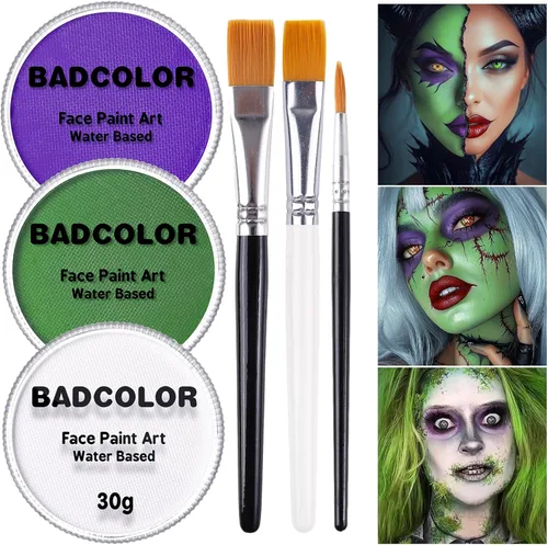 Miniatura 17 de Pintura corporal y facial negra y blanca de payaso con 3 pinceles de pintura, paleta de maquillaje SFX a base de agua para niños y adultos, pintura