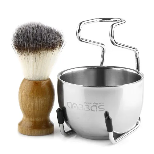 Miniatura 6 de Anbbas brocha de afeitar con pelo sintético de tejón y mango de madera, soporte y cuenco de afeitado de acero inoxidable, perfecto para afeitado