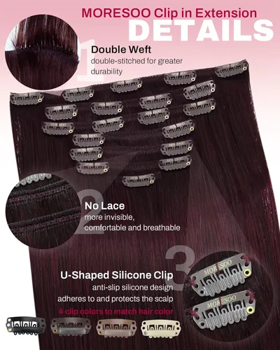 Miniatura 4 de Moresoo Extensiones de cabello humano real color burdeos con clip, extensiones de cabello humano rojo oscuro con clip de doble trama, color vino