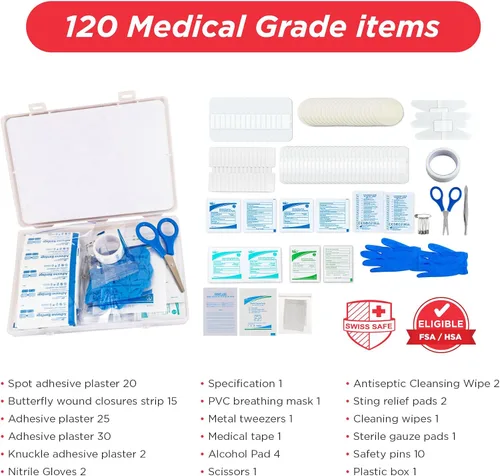 Miniatura 3 de Swiss Safe Mini First Aid Kit – 120 Pcs Compact Hard Shell Medical Kit for Home, Car, Travel, Camping, Hiking, Sports, Office & Outdoor Emergencies