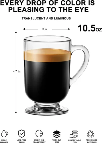 Miniatura 3 de LUXU Juego de 4 tazas de café de vidrio irlandés, tazas de café con leche, taza de café transparente de 10.5 onzas, tazas de vidrio con asas