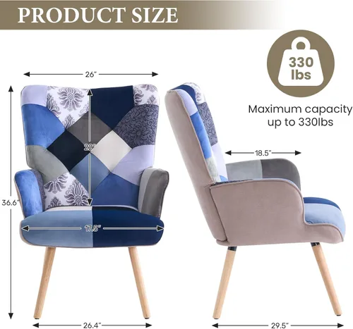 Miniatura 2 de Joysoul Silla decorativa para sala de estar, sillón moderno con respaldo alto, silla de tela de retazos bohemios, silla de lectura tapizada colorida