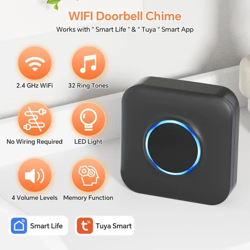 Miniatura 5 de Timbre inalámbrico inteligente WiFi para Google Nest, Ring, Blink - Conectado a la aplicación con luz LED, no requiere cableado (1 paquete, negro)
