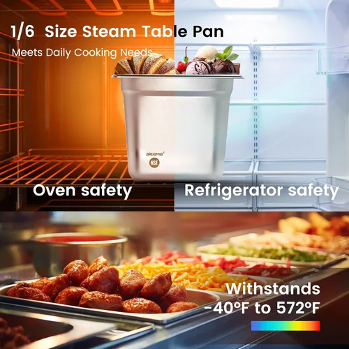 Miniatura 7 de BIEAMA Paquete de 6 bandejas de hotel, 1/6 tamaño 6" de profundidad, NSF, bandeja comercial de acero inoxidable, bandeja de mesa de vapor, bandejas