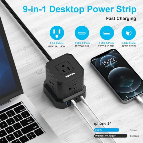 Miniatura 2 de TOPREK Regleta de alimentación con USB, USB C (3.0 A) con 5 tomas, 2 USB-C y 2 USB-A, cable de extensión plano de 5 pies con enchufe plano Negro-5FT