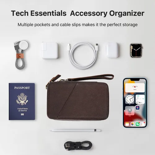 Miniatura 4 de Kit técnico de estuche organizador electrónico, cuero de grano superior hecho a mano, portátil compacto de viaje, accesorios electrónicos de viaje