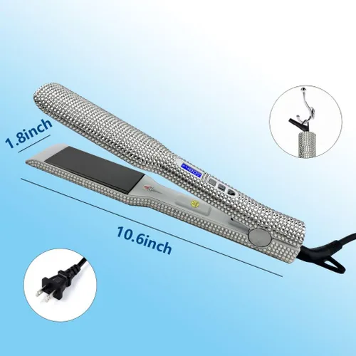 Miniatura 5 de Plancha plana de cerámica con magnífico diamante de imitación de cristal, alisador y rizador de pelo 2 en 1, apagado automático de 60 minutos, Blanco