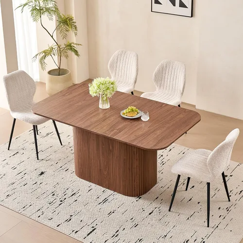 Miniatura 27 de Juego de 4 mesas de comedor grandes de 63 pulgadas para 4, esquinas redondeadas, mesa de cocina rectangular moderna de madera con sillas Boucle