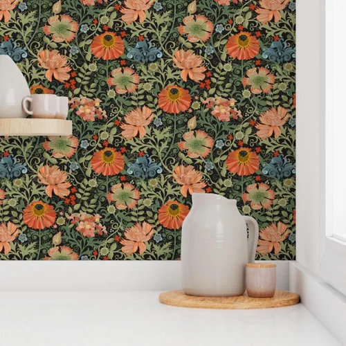 Miniatura 8 de Papel tapiz para despegar y pegar, diseño Art Nouveau con flores negras, diseño floral, decoración de jardín, papel pintado extraíble Spoonflower