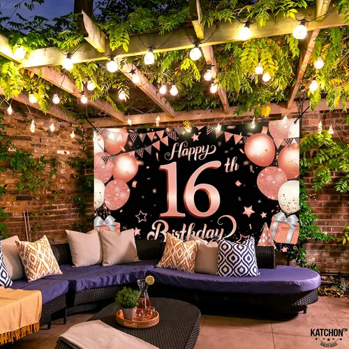 Miniatura 6 de KatchOn Cartel de feliz cumpleaños número 16 de oro rosa, grande de 72 x 44 pulgadas, decoraciones de fiesta de dulces 16, telón de fondo para niñas