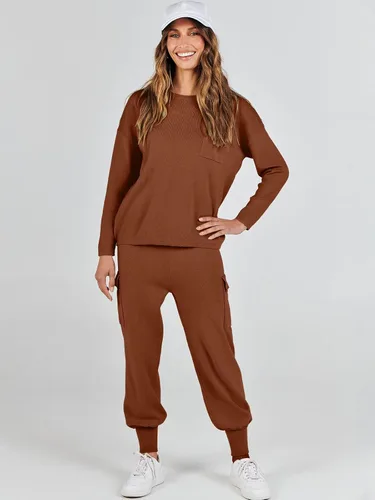 Miniatura 9 de Caracilia Conjunto de dos piezas para mujer, suéter de punto de manga larga y pantalones deportivos tipo cargo