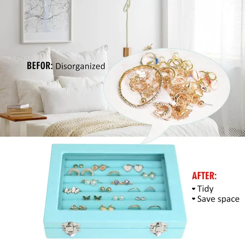 Miniatura 5 de Bandeja organizadora de anillos, 7 ranuras, caja de almacenamiento de joyas de terciopelo para aretes con tapa transparente, vitrina de joyería