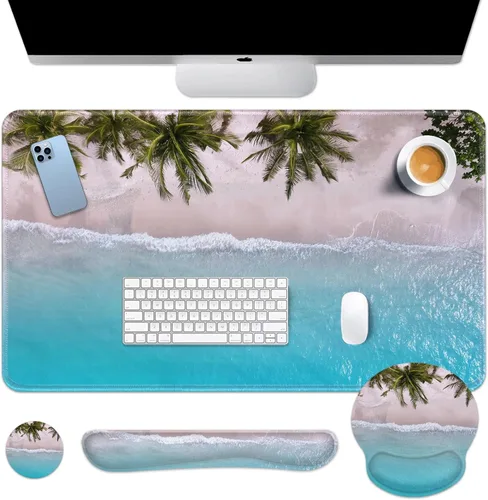 Miniatura 10 de Britimes Blue Sea - Juego de Alfombrilla de Teclado y Mouse Playa de Arena Rosa 4 en 1 Alfombrilla Grande + Reposamuñecas para Teclado +