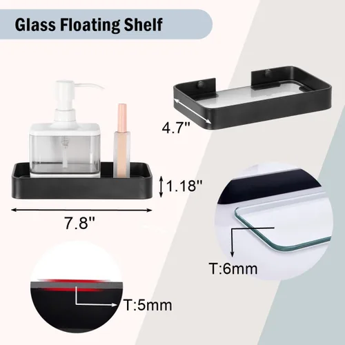 Miniatura 3 de Z metnal Estantes pequeños de vidrio para baño, estante flotante negro mate, mini organizador de estantes de pared, montaje en la pared