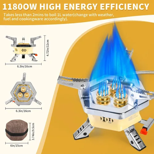 Miniatura 2 de 11800W Estufa portátil a prueba de viento para acampar, estufa de campamento ligera, estufa plegable para mochileros con caja EVA para acampada al