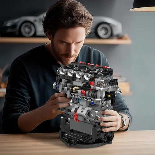 Miniatura 6 de Mould King 10234 VTEC Kit de construcción de modelo de motor, más de 772 piezas, proyecto de montaje mecánico tipo V con pistón sincronizado