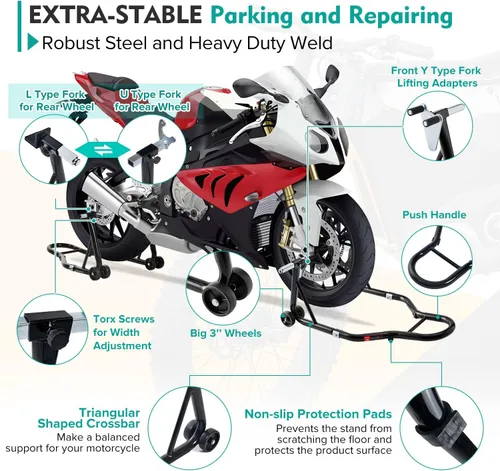 Miniatura 3 de Soporte para rueda delantera y trasera de motocicleta (850 lb), soporte de elevación de brazo oscilante, color negro, U+L