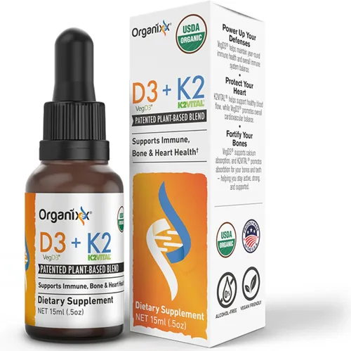 Organixx Suplemento D3 K2, apoya la salud ósea e inmunológica, fórmula biodisponible y de fácil absorción con aceite MCT, para bienestar general,