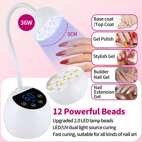 Miniatura 6 de Lámpara de uñas UV, cuello de cisne inalámbrico de 36 W, lámpara de curación de flash con 3 temporizadores y sensor automático para arte de uñas