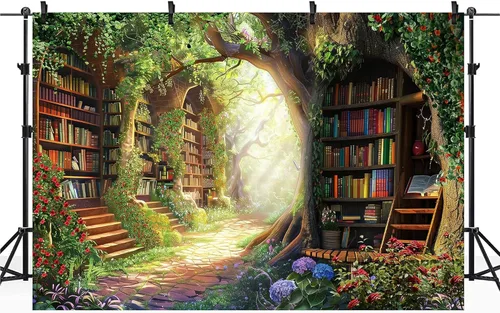 Miniatura 5 de Riyidecor Fondo de Biblioteca de Hadas Tela de Poliéster Estantería Árbol Encantado Bosque 5 Pies de Ancho x 3 de Alto Verde Jardín Libro Planta