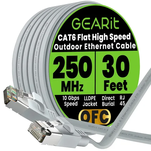 Miniatura 10 de GEARit Cable Ethernet plano Cat 6 para exteriores (15 pies, negro) Chaqueta LLDPE clasificada para entierro directo – Cat6 blindado FTP 10Gbps