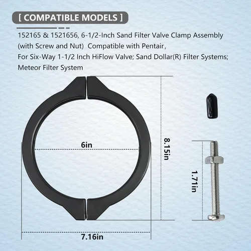 Miniatura 2 de 152165 y 1521656 Conjunto de abrazadera de válvula de filtro de arena de 6-1/2 pulgadas with Screw and Nut, Compatible with Pentair, for Six-Way