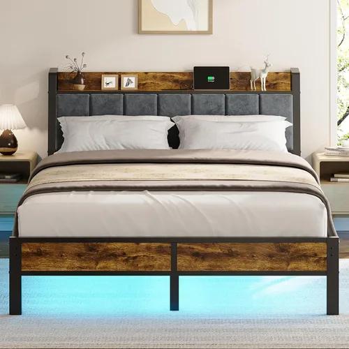 Miniatura 10 de Base de cama de tamaño individual con cabecera de almacenamiento y estación de carga, luces LED RGB inteligentes, cama de plataforma de metal
