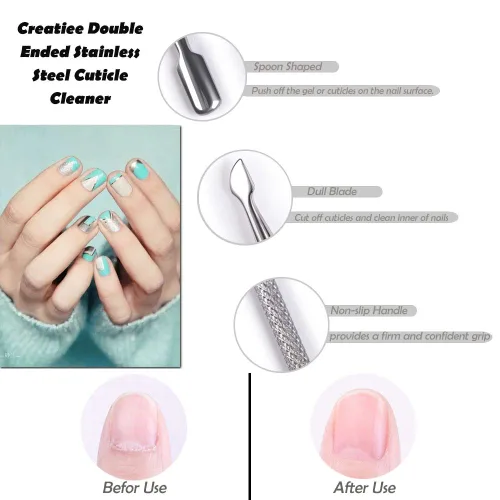 Miniatura 4 de Creatiee - Removedor y cortador de cutículas, limpiador de cutículas de acero inoxidable de doble extremo, removedor de esmalte de uñas, manicura