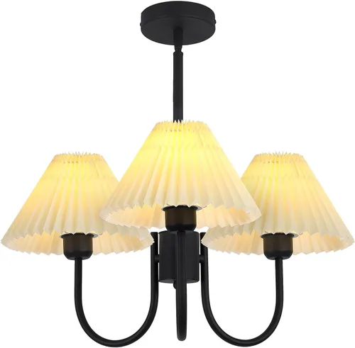 KCO Lighting Lámpara Colgante Plisada Vintage de 3 Luces Araña de Techo con Pantallas de Lámpara Pequeña Araña de Tela Negra y Blanca para Sala de
