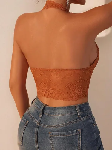 Miniatura 2 de Milumia Top corto sin mangas con cuello en V profundo de encaje para mujer
