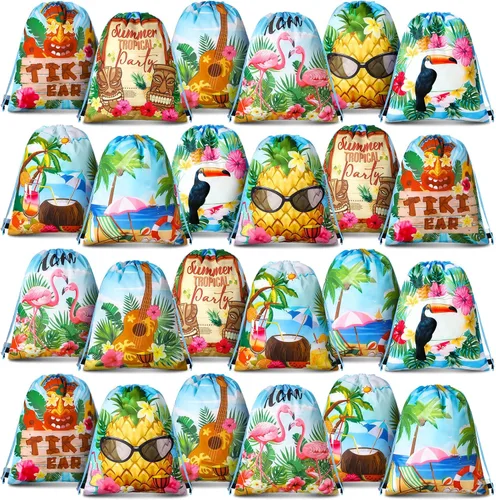 Frienda 24 bolsas hawaianas para recuerdos de fiesta hawaiana Aloha con cordón, mochila tropical de flamenco, bolsas de regalo para cumpleaños,