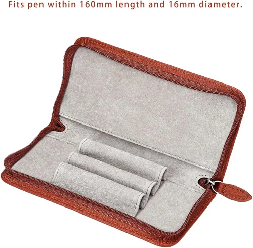 Miniatura 2 de Lanxivi Funda de piel auténtica para pluma estilográfica con 3 ranuras divididas, color negro, estuche con cremallera para bolígrafo, soporte