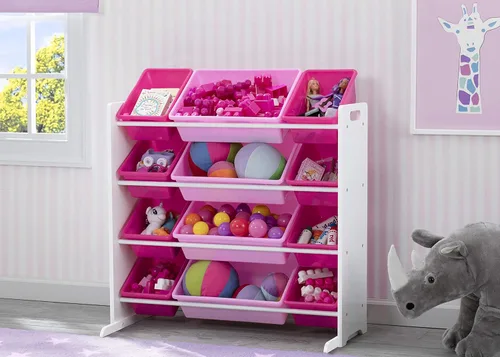 Miniatura 2 de Delta Children Organizador de almacenamiento de juguetes para niños con 12 contenedores de plástico, certificado Greenguard Gold, blanco/rosa
