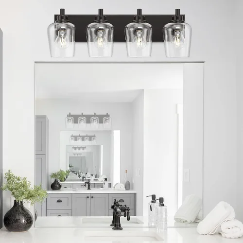 Miniatura 7 de Lámparas de baño, lámpara de tocador moderna de 4 luces con pantalla en forma de copa de vino de vidrio transparente, accesorios de iluminación Negro