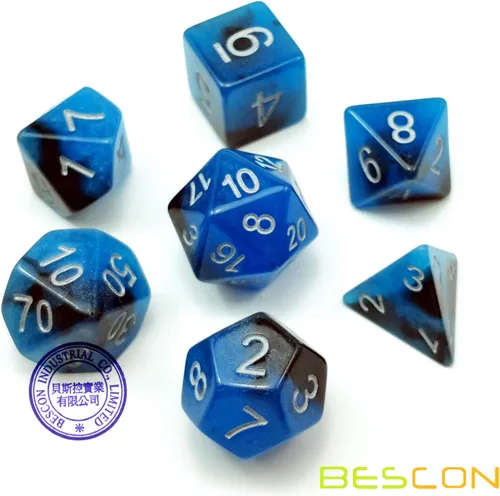 Miniatura 2 de Bescon Juego de dados poliédricos que brillan en la oscuridad de dos tonos Blue Dawn, juego de dados RPG luminosos d4 d6 d8 d10 d12 d20 d% paquete