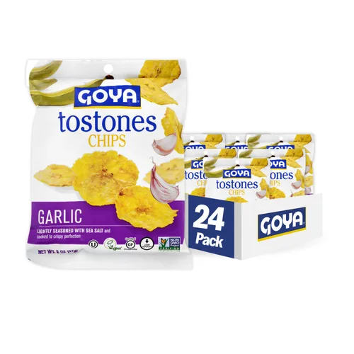 Goya Tostones Chips, ajo, 2 onzas (paquete de 24) - Ligeramente sazonado con sal marina - Ideal para sumergir en salsas y guacamole.