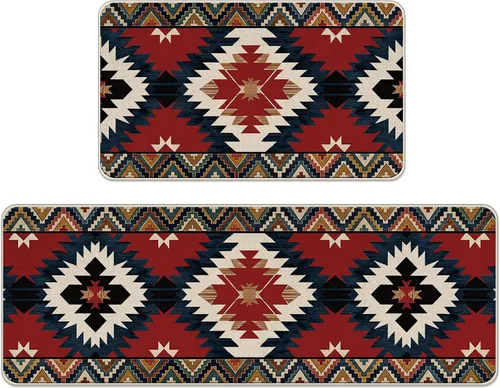 Southwest - Juego de 2 alfombras de cocina aztecas nativas americanas, estilo bohemio, vintage, navajo occidental, étnico, tribal, decoración del